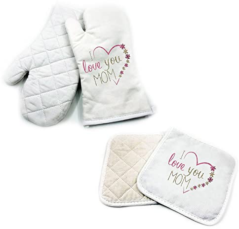 Set da Cucina Guanto da Forno e Presina Festa della Mamma Personalizzato Idea Regalo Speciale Compleanno Natale per la Mamma Cucina Amore Famiglia I Love You Mom Ti Amo Mamma