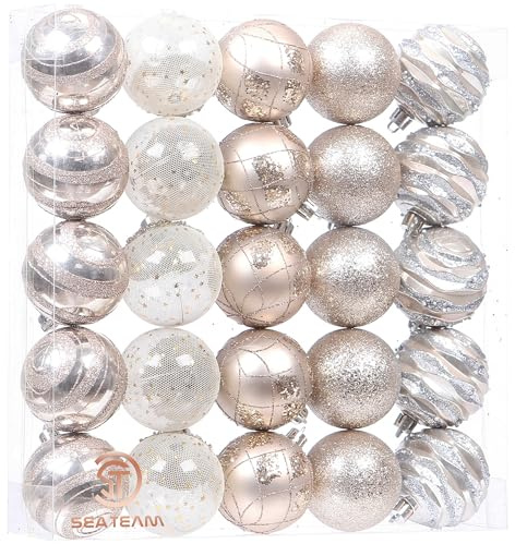 Sea Team 25-Pack Christmas Ball Ornaments with Strings, 60mm/2.36-Inch Medium Size Baubles, Shatterproof Plastic Christmas Bulbs, Hanging Decorations for Xmas Tree, Holiday, Wedding, Party, Champagne