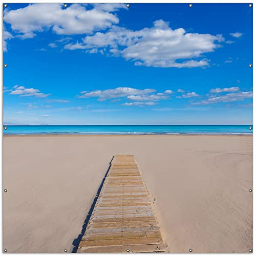 Wallario XXL Outdoor-Poster für Garten oder Balkon Auf dem Holzweg zum blauen Meer, Motivbanner Größe: ca. 200 x 200 cm, Outdoor-Bild