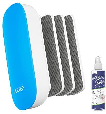 LOUKIN Austauschbarer Magnetischer Whiteboard-Radierer mit Reiniger, Blau | 3 Austauschbare Filzpads, mit 100 ml AP-Zertifiziertem Reiniger, ABS & Filz, Effektive Reinigung, Für Klassenzimmer & Büro