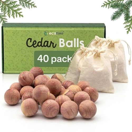 ecoKiwi Moth Balls 40 Pack - Cedarwood Moth Repellent - 100% Natural Cedar Balls Repellent for Wardrobes - Cedar Oil Anti Moth - Moth Treatment for House, Sandpaper & Cotton Bags | 100% Natural Red Cedar Wood Balls for Closets & Drawers - Aromatic Cedar Chips for Clothes Storage, 3 Cotton Bags Included