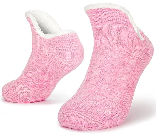 Tolumo Slipper Socks for Women Men Warm Holding Sock Non Slip Knitted Thick Lined Cosy Winter Fluffy Bed Slippers Suitable for Indoor Home House Floor DM Pink