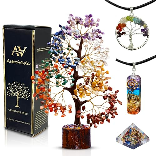 AstraVeda 7 Chakra Crystal Tree of Life with 2 Chakra Pendants & Mini Pyramid – Feng Shui Gemstone Tree for Positive Energy, Meditation, Healing Crystals & Spiritual Décor Gifts