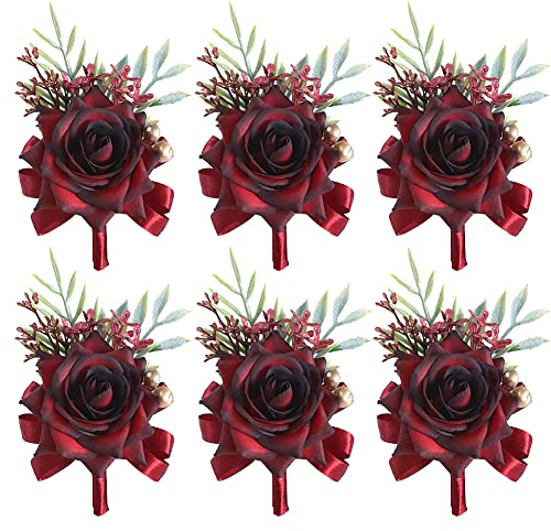 Asudaro Hochzeit Handgelenk Blume Corsage, 6 Stück Bräutigam Boutonniere Ansteckblume Hochzeit Boutonniere Braut Hochzeit Handgelenk Blumen Corsage Rose Boutonniere Handgelenk Blumen Weinrot JR#01
