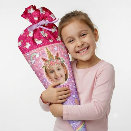Ferocity Schultüte Einhorn Glitzer mit Namen und Foto für Mädchen Personalisierte Foto Tüte aus Stoff 70 cm Zuckertüte mit Papprohling und Füllung große Tüte als Kissen