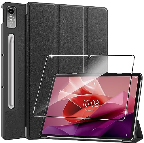Hülle für Lenovo Tab P12 12.7 Zoll 2023 Tablette Case Cover+1 Stücks Schutzglas Schutzfolie,Ultra Schlank Superleicht Dreifach Falt Klapp Schutzhülle Case mit Auto Schlaf/Wach Funktion - Schwarz