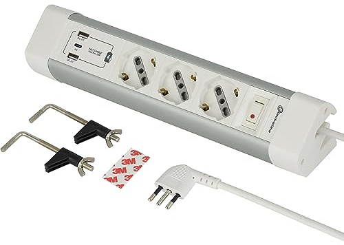 Electraline 61920 Multipresa Scrivania 3 Posti Polivalenti, Schuko + 10/16 A, con 3 USB PD20W (2 USB A 3.0A + 1 USB C 20W Power Delivery), Cavo H05VV-F 3G.1 lunghezza 2M