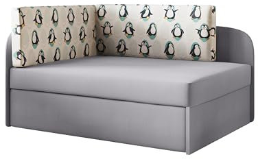 Kaiser Möbel - Kindersofa mit Schlaffunktion und Bettkasten, Kleines Sofa L-Form, Kinder Bett, Bequemes Couch für Kinderzimmer und Jugendzimmer, Stoff Casablanca, Winnie Pinguin, Grau, Rechts