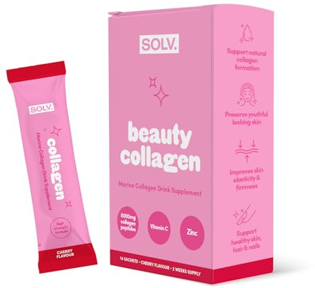 Solv Liquid 8000mg Marine Collagen Peptide Beauty Supplement Gel 14x15ml Sachets High Strength Great Tasting VIT C Biotin. for Skin, Hair, Nails. Firmness, Elasticity Menopause Support (Cherry)