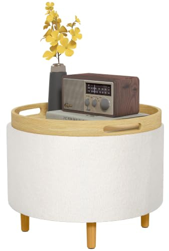 HOMCOM Sitzhocker mit Stauraum mit Klappdeckel 56 x 56 x 42 cm Weiß | Runder Fußhocker, Sitzwürfel, Pouf, Polsterhocker mit Holzbeine, Samtoptik