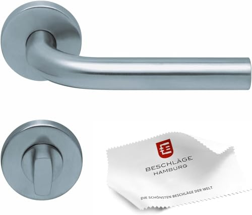 Beschläge Hamburg Türgriffe Türbeschlag scoop SBL 1100 — Türklinken mit WC/Bad Rosetten für Zimmertüren — Türdrücker für Innentüren, 54 mm rund in Edelstahl matt gebürstet