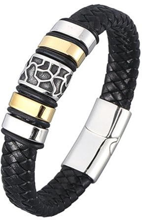 Bishilin Herren Armband Leder Schwarz 16.5CM, Partner Armbänder Personalisiert mit Geometrie Lederarmband Männer Gravur Magnetverschluss