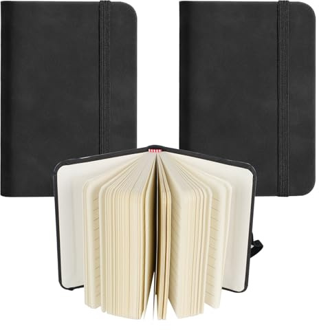 SRTSTR 2 Stück Kleines Notizbuch A7 Notizblock Mini Notizbuch Schwarz 8 x 11 cm Pocket Notebook mit Liniert 100 Seiten Taschennotizbuch Leder mit Elastischem Verschlussband für Reisen Schule