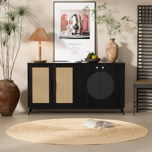 YESGIGA Sideboard mit Glastüren aus Rattan, halbrunde Tür, hochwertige Aufbewahrungsmöbel