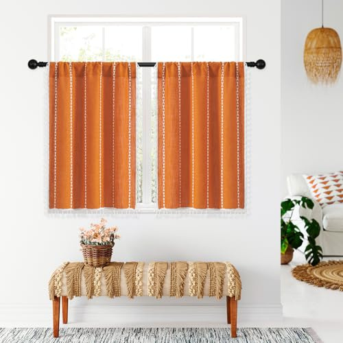 MitoVilla Boho-Küchenvorhänge, 61 cm Länge, 2 Paneele, Bauernhaus-Café-Vorhänge mit Quaste, Kurze Stufen, Kleiner Baumwoll-Leinen-Vorhang für Wohnmobil, Badezimmer, Waschbecken, Schrank, halbe Tür,
