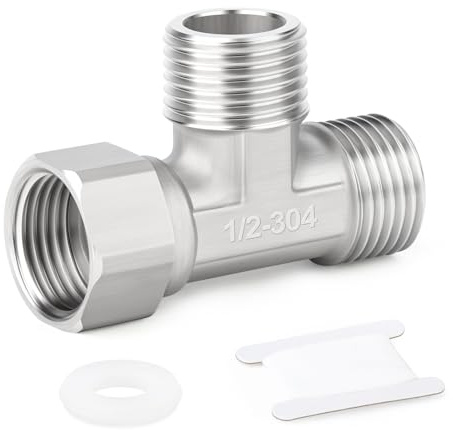 ERGAOBOY 1 piezas de conector en T flexible y móvil de 3 vías, acero inoxidable 304, 1/2 macho BSP, tuerca de unión en T para rociador, válvula angular, brazo de ducha