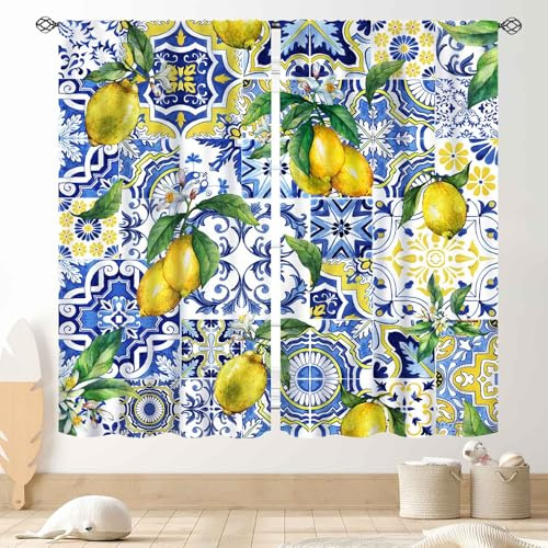 TKUYO Tende da cucina con motivo floreale giallo limone, vintage retrò estate frutta blu bianco stampa floreale tende oscuranti per soggiorno, camera da letto, bagno, bar, 2 pannelli, 140 x 160 cm