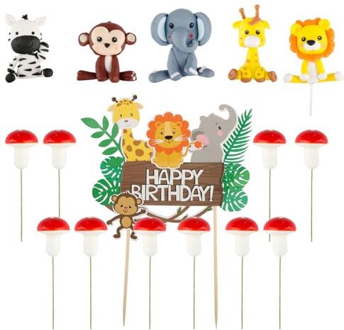Tabanzhe 16CS Jungle Animal Happy Birthday Cake Toppers,Cute 3D Cartoon Animal Mushroom Cake Decoration Set,Reusable Jungle Theme Cupcake Toppers for Kids Boy Girl Birthday Shower Party Supplies