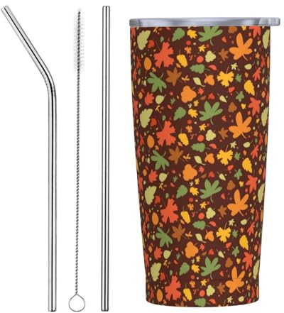 VOSERY Botella de agua de 20 onzas con tapa y popote, vaso aislado de acero inoxidable con hojas de otoño, taza de café de viaje, vaso personalizado