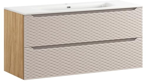 Lomadox Badezimmer Waschtisch 120cm in Eiche, Front in beige mit 3D-Oberfläche