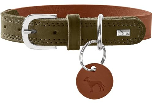 HUNTER Lemvig Hundehalsband | Rindsleder, belastbar & strapazierfähig, angenehm weich, komfortabel, Made in Germany, Farbe: Cognac/Oliv, Größe: 45
