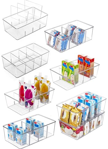 AIYULONG Food Storage Organizer Bins, Clear Plastic Bins for Pantry 8 Pack | Kitchen Organisers for Fridge, Cabinet Organization and Storage, 4 Compartment Holder for Snacks, Pouches, Spice Packets