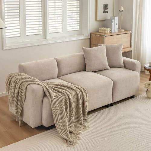 PUGSDRLY Canapé 3 Places avec Coussins Décoratifs,Petit Canapé,Design Moderne,Meuble Rembourré,Tissu Chenille,pour Salon,Chambre,Appartement,Beige