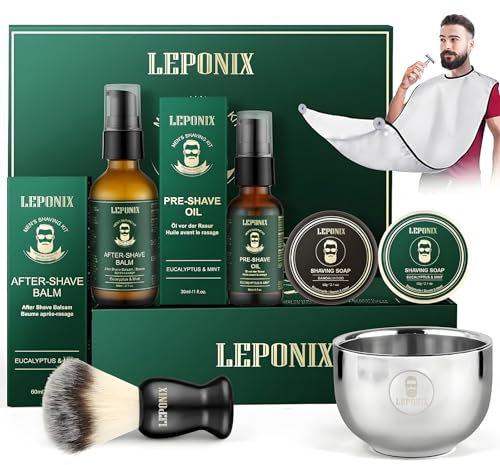Shaving Kit for Men, Mens Shaving Kit Include Eucalyptus & Mint Pre-Shave Oil, Aftershave Balm, 2 Packs Shaving Soap, Shaving Brush and Bowl, Beard Bib, Unique Shaving Gift Set for Men