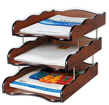 Corbeille à courrier empilable à 3 niveaux en bois de noyer noir pour courriers, papier A4, photos et autres fournitures de bureau avec plusieurs compartiments