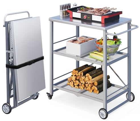 UNIONLINE Foldable Stainless Pizza Oven Table with Handle,3-Tier Outdoor Grill Cart Trolley on Wheels, Garden Dining Cart Movable BBQ Stand Grey