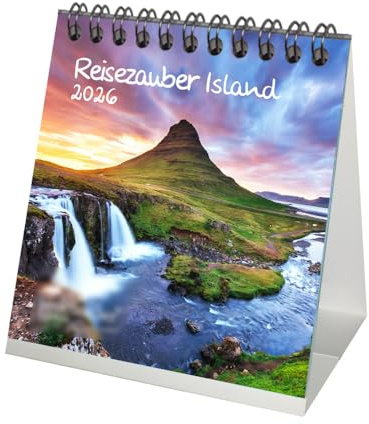 Seelenzauber Reisezauber Island Tischkalender 10cm x 10cm für 2026 Reykjavík Stadt Reise Land Urlaub - Geschenkset Inhalt: 1x Kalender, 1x Weihnachtsanhänger (insgesamt 2 Teile)