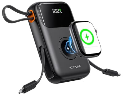 Kuulaa Power Bank für Apple Watch, 10000mAh Mini Powerbank mit 2 integrierten Kabeln, PD 22.5W Schnellladefunktion Externe Akku mit LCD-Display für Apple Watch 10/9/8/Ultra2/Ultra/SE iPhone iPad etc