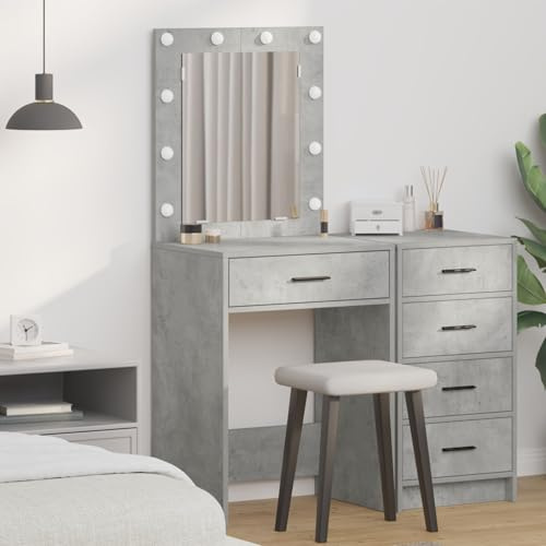 Brokky 865040 Tavolo da Trucco con Luci LED in Grigio Cemento,50x41x135 cm Toeletta Trucco,Scrivania Trucco per Camera da Letto,Toilette Trucco