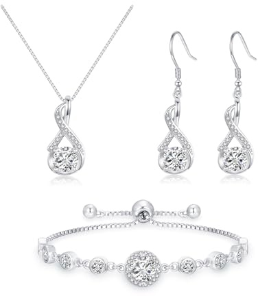 Cangall Juego de joyas para mujer, plata de ley 925, 3 piezas, collar de moda, pulsera y aretes con circonita cúbica AAAAA, juego de joyas de plata infinita para boda, graduación, aniversario, regalo