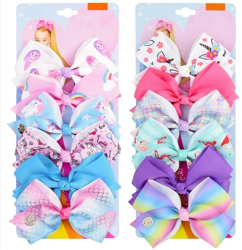 LABOTA 12pcs Hair Bows,Siwa Bows Alligator Clips 5 Inches Mermaid Unicorn Rainbow Alligator Clips Grosgrain Ribbon Hair Barrettes for Toddler Teens Kids Girls Birthday Gift Holiday Present