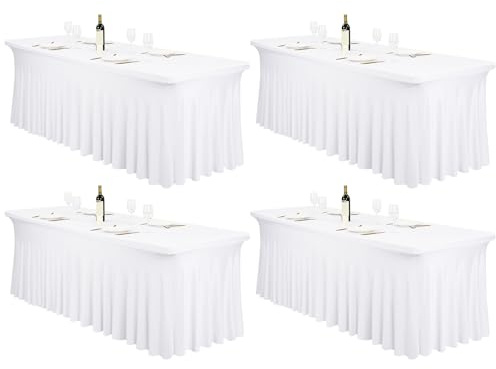 FXKS Spandex Tischröcke, 4 Stück, Weiße, für 2,4 m Rechtecktische | Stretch Tischdecke und Tischabdeckung mit elegantem Faltenrock für Hochzeit, Party, Messe und Bankett