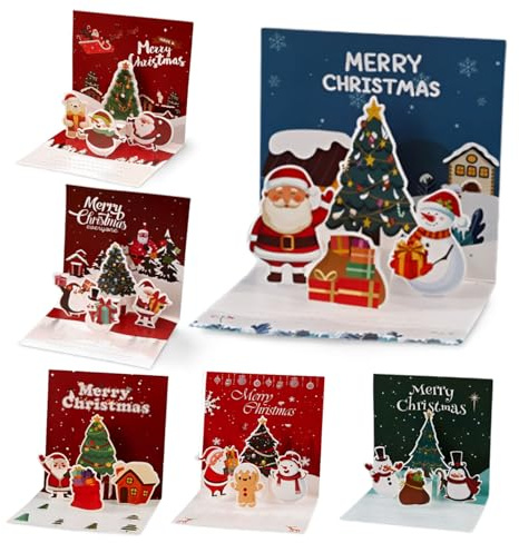 6 Stück Pop Up Weihnachtskarte – 3D Weihnachtsmotiv mit Merry Christmas und Neujahrselementen – Festliche Grußkarte für Kinder Familie Freunde mit Umschlag und Aufklebern