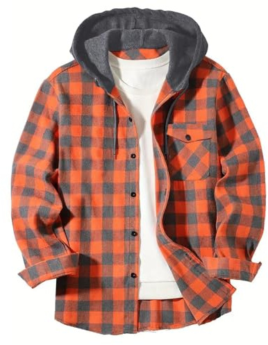 AMhomely Men's Flannel Hoodie Shirts Long Sleeve Button Down Casual Shirt Jackets for Men Stylish Hoodes with Pocket Plaid Hooded Orange