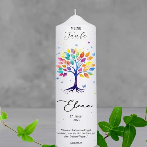 Personalisierte Taufkerzen für Mädchen und Jungen mit individuellem Taufspruch und einem bunten Lebensbaum-Baum Motiv–ein besonderes Geschenk zur Taufe,als Patenkerze oder zur Konfirmation.