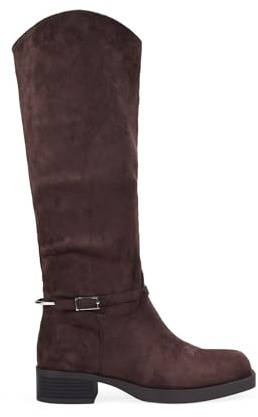 BOSANOVA Botas Altas Planas para Mujer Estilo Bota de Montar en Ante con Pieza metálica en el talón, Hebilla y Suela Plana. Cierre con Cremallera. Calzado para Mujer Marron 38