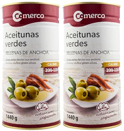Pack 2× Aceitunas Rellenas de Anchoa Comerco – Lata 1,5 kg (3 kg Total) | Aceituna Española de Alta Calidad | Sabor Intenso y Salado | Ideal para Aperitivos y Hostelería
