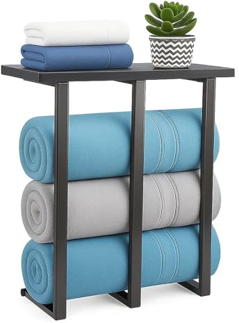 SUNNYNEST Towel Rack Wall-Mounted Towel Storage with Shelf 3-Bar Iron & Wood Bathroom Organizer Space-Saving Storage for Rolled Towels Rustic Black/Rustic yellow (Black)