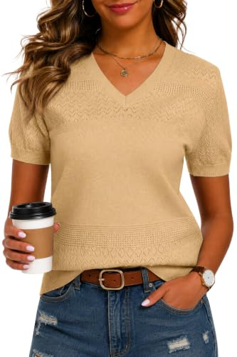 YUNDAI Womens T-Shirts V Neck Short Sleeve Summer Jumpers Ladies Tops Casual Blouse Shirt Textured Knit Patterns Sweater Spring Fall, X-Large Apricot