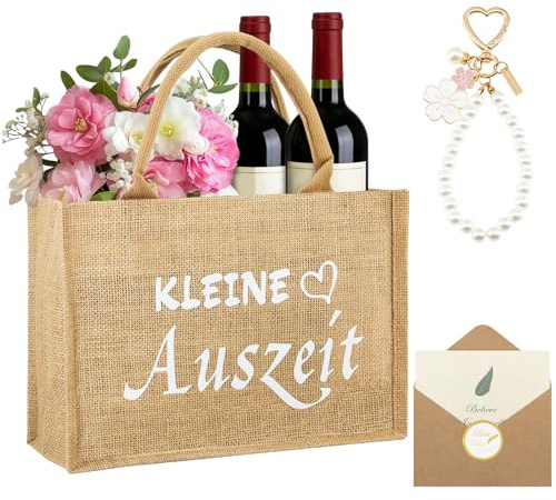 Yuaerbuo Jutetasche Kleine Auszeit Geschenktasche mit Taschenanhänger Grußkarten Umschläge,Tragetasche Jutebeutel mit Spruch Kleine Auszeit Korb Geschenk Frauen zum Entspannung Geschenk