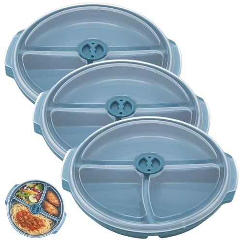 GBKDQQ Lot de 3 assiettes à micro-ondes avec 3 compartiments et couvercle, couvercle avec aération, sans BPA, passe au lave-vaisselle (bleu)