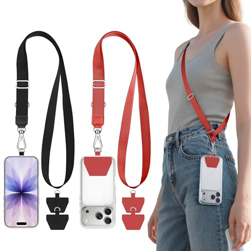 takyu 2 Pcs Adjustable Phone Lanyard Neck Strap, Universal Mobile Phone Lanyard with 4 Adhesive Tethers, Compatible for iPhone, Samsung, HUAWEI and Most Smartphone Black & Gray