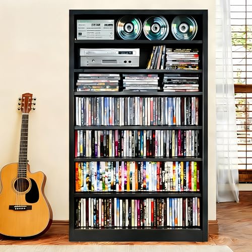 YILFANA Metal DVD Storage Cabinet, 7 Tier Tall Media Storage Shelf with Adjustable Shelves, Freestanding CD & DVD Rack Tower Bookshelf for Living Room, Home Entertainment,Black