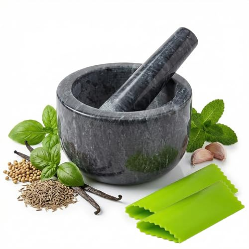 Schwarzer Marmor Mörser mit Stößel, 14,5cm Mörser Set mit 2 Knoblauchschäler für Kräuter Gewürze Knoblauch & Tabletten, schwerer stabiler Mörser