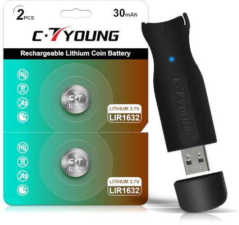 LIR1632 Kit de chargeur avec piles rechargeables pour Tile Mate | Piles bouton de rechange 3,7 V pour CR1632 - 1 heure Chargeur USB à charge rapide - Sans danger pour les enfants et durable