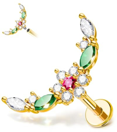 CM Crareesi Mania Blume Flache Rückseite Ohrstecker Helix Labret Lippenpiercing Schmuck Gold Silber 316L Edelstahl Knorpel Tragus Medusa Piercing Schmuck für Frauen Innengewinde 16G 8mm
